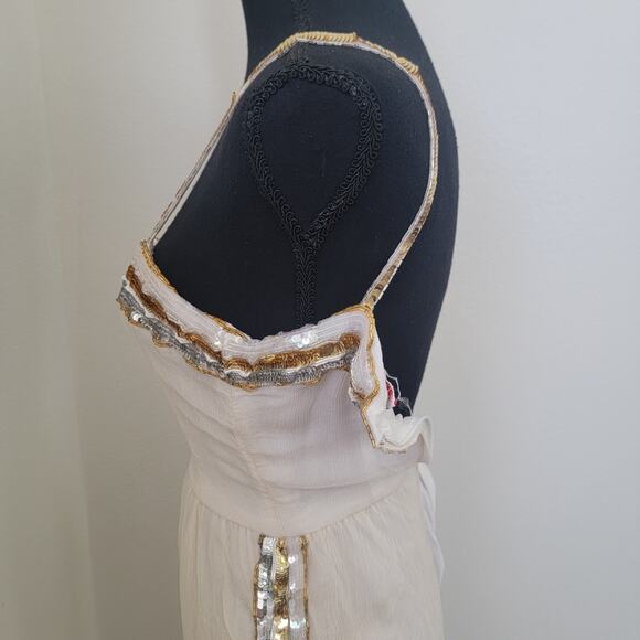 Vintage 90s Saks Fifth Avenue 100% Pure Silk Sequin Maxi Dress Beige Cream Sz 6 - Picture 8 of 16